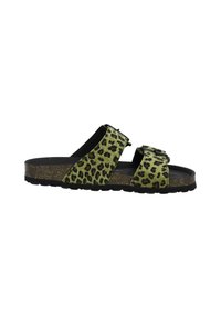 Grüne Leopardenmuster-Sandalen mit zwei verstellbaren Riemen, schwarzen Sohlen und einem strukturierten goldenen Akzent in der Zwischensohle.