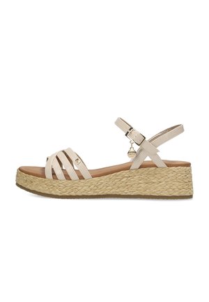 Beige Keilsandalen mit gewebter Jute-Sohle, ausgestattet mit einem Riemchen-Obermaterial aus synthetischem Material und verstellbarer Schnalle am Knöchel. Glatte Textur mit natürlichem Aussehen.