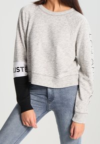 Ljust grå kort sweatshirt med svart och vit randiga ärmar. Har raglanärmar och text på ärmen. Mjuk material och avslappnad passform.
