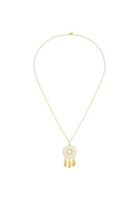 Zelta tonisks kaklarota ar apaļu sapņu ķērājs piekariņu, kuram ir tīkla dizains un trīs spalvu akcenti, kas karājas zemāk.