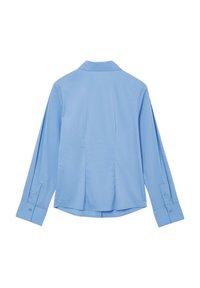Light blue long-sleeve shirt with a collar, button cuffs, and back pleats. Made from smooth fabric with a relaxed fit.