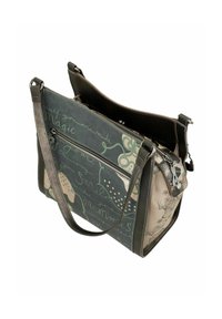 Sac à main multicolore en cuir texturé, avec des motifs gris et crème, des compartiments à double zip et une bandoulière réglable.