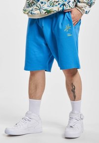 Shorts din amestec de bumbac bleu, cu talie elastică și buzunare laterale. Prezintă un broderie cu palmier pe piciorul stâng. Purtați cu adidași albi.