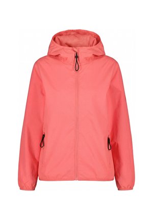 Korallrosa leichte Kapuzenjacke mit Frontreißverschluss und seitlichen Reißverschlusstaschen, elastischen Bündchen und Mesh-Innenfutter.