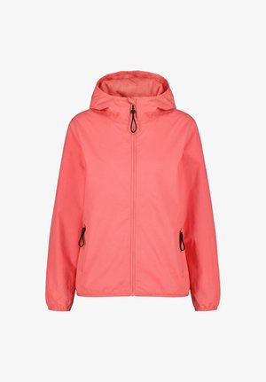 Korallrosa leichte Kapuzenjacke mit Frontreißverschluss und seitlichen Reißverschlusstaschen, elastischen Bündchen und Mesh-Innenfutter.