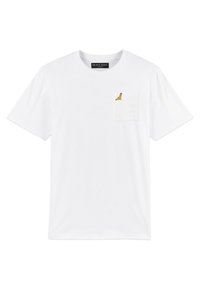 White cotton t-shirt with a crew neck, short sleeves, and a chest pocket featuring a small yellow and black graphic design.