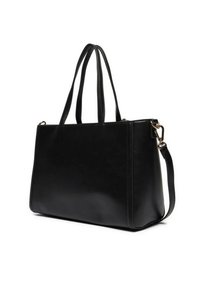 Borsa a spalla nera in pelle con doppi manici, una tracolla removibile e una trama liscia. Presenta linee pulite e hardware minimale.