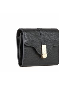 Black textured leather wallet with a flap closure, gold hardware, and logo accent. Compact design, featuring multiple card slots inside.