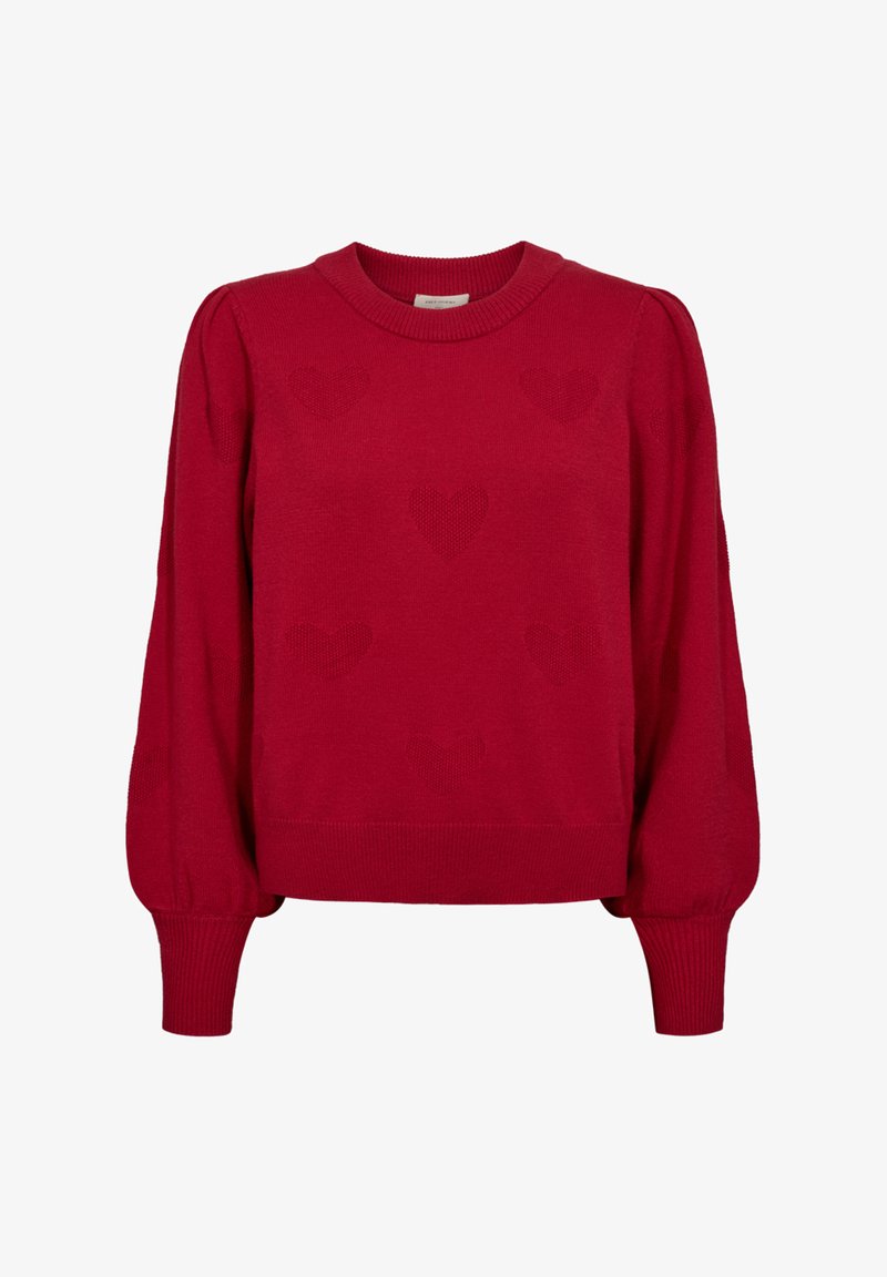 Rode trui met een ronde hals, uitlopende lange mouwen en textuurpatronen van harten overal. Ribgebreide manchetten en onderrand voor een goede pasvorm.