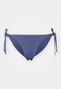 Námornícky modré bikini nohavičky vyrobené z elastického materiálu, s nastaviteľnými šnúrkami na každej strane pre prispôsobiteľné zloženie a hladký, bezšvový dizajn.