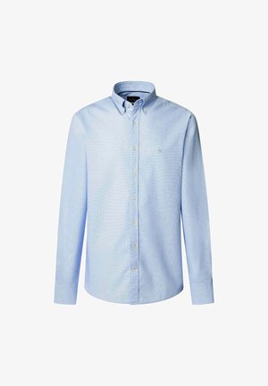 Jasnoniebieska koszula zapinana na guziki, wykonana z mieszanki bawełny z kratkowanym wzorem. Posiada klasyczny kołnierzyk oraz długie rękawy z mankietami na guziki.