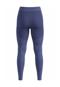 Hochtaillierte Leggings aus strukturiertem dunkelblauem Stoff, mit einem sportlichen Design, Einsätzen und einer figurnahen Silhouette.