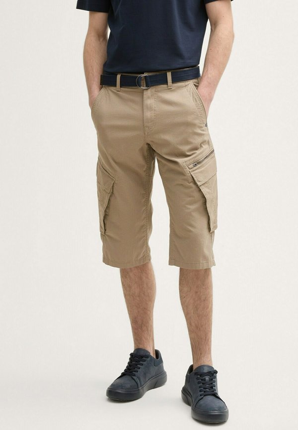 MAX OVERKNEE MIT GÜRTEL - Shorts - beige mesh print