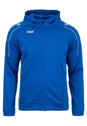 Blauwe ritssluiting hoodie gemaakt van gladde stof. Heeft witte accenten langs de schouders en zakken, met ronde details op de mouwen. Logo weergegeven op de borst.