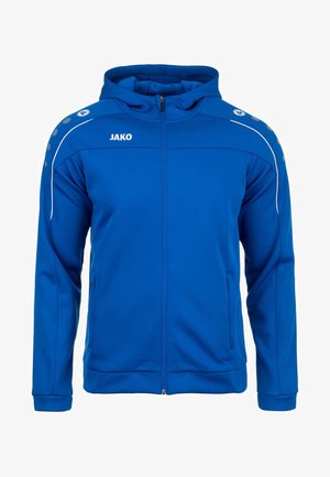 Blue zip-up hoodie made of smooth fabric. Features white accents along shoulders and pockets, with circular details on sleeves. Logo displayed on chest.