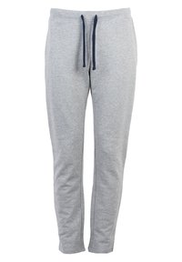 Szare dresy o gładkiej fakturze, z elastyczną talią i granatowym sznurkiem. Zwężający się krój z bocznymi szwami i bez kieszeni.