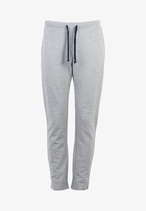 Szare dresy o gładkiej fakturze, z elastyczną talią i granatowym sznurkiem. Zwężający się krój z bocznymi szwami i bez kieszeni.