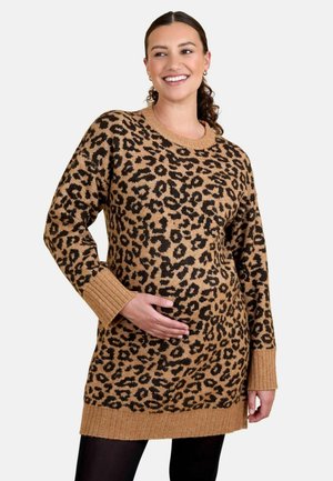 Pulover cu imprimeu leopard în nuanțe de bej și negru, cu mansete și tiv riglate, croi lejer, conceput pentru confortul în timpul sarcinii, din material tricotat moale.
