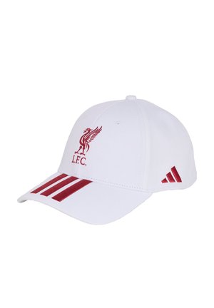 Hvid baseballkasket med rødt Liverpool FC-logo foran, tre røde striber på skyggen og Adidas-logo på siden.