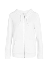 Felpa bianca con zip, cappuccio con cordino, due tasche frontali, polsini a costine e una trama liscia e morbida. Progettata per il comfort e per essere indossata a strati.