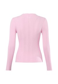 Haut en maille côtelée rose à manches longues avec un col rond, présentant un motif texturé et un bord en dentelle aux poignets et à l'ourlet.