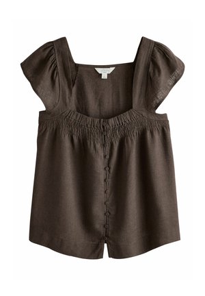 Blouse sans manches en lin marron avec épaules bouffantes, encolure carrée, boutons sur le devant et détail smocké froncé sur la poitrine.