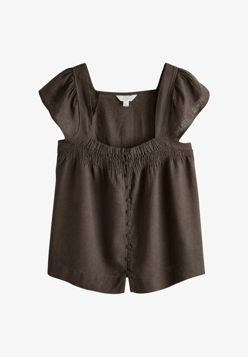 Blouse sans manches en lin marron avec épaules bouffantes, encolure carrée, boutons sur le devant et détail smocké froncé sur la poitrine.