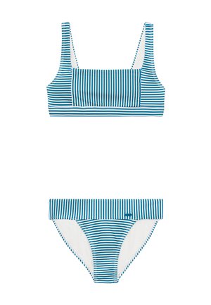 Sininen ja valkoinen raidoitettu bikinit-setti, jossa on suorakulmainen bralette-yksityiskohta leveillä olkaimilla ja vastaavanväriset korkeat alaosat. Liukas pinta.