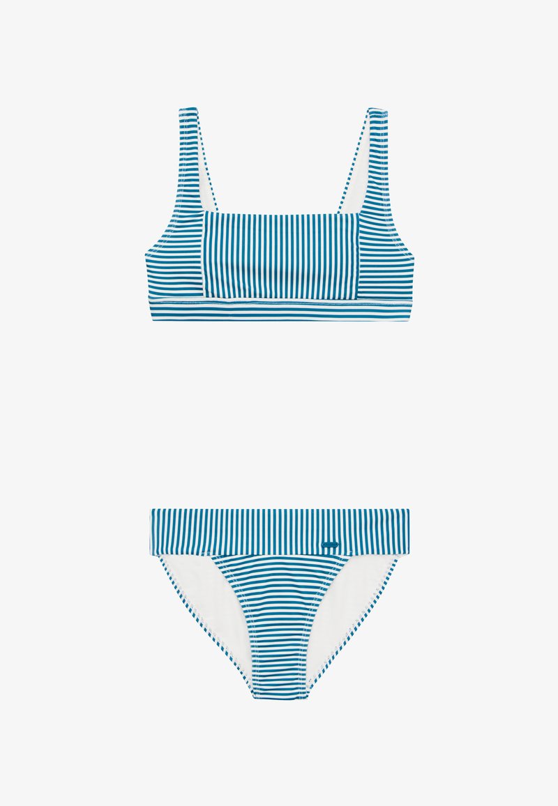 Blauw-wit gestreept bikini set met een rechthoekige bralette top met brede bandjes en bijpassende high-waisted onderkant. Glad materiaal.