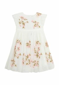 Vestido de algodón blanco con mangas estilo cap, adornado con bordados florales en rosa y dorado. Falda acampanada con detalles fruncidos en la cintura.