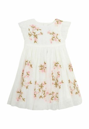 Robe en coton blanche à manches courtes, ornée de broderies florales roses et dorées. Jupe évasée avec des détails froncés à la taille.
