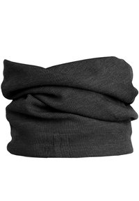Black knitted neck gaiter with a ribbed texture, featuring soft, stretchable material. Designed for versatility in wear.