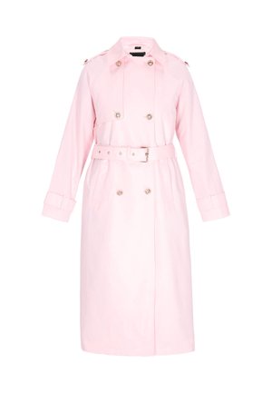 Hellrosa Trenchcoat aus glattem Stoff, mit abnehmbaren Knöpfen, einem Gürtel und großen Taschen. Lange Ärmel mit Manschetten. 