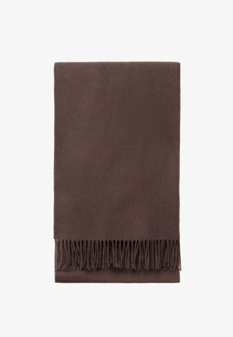 Brown wool scarf with a rectangular shape, featuring a soft texture and long fringe details at one end.