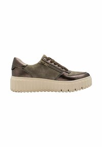 Baskets à lacets en daim vert olive avec un bout métallisé bronze, dotées d'une fermeture éclair sur le côté et d'une semelle épaisse beige avec des stries.