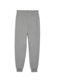 Gray jogger pants made of soft fabric, featuring an elastic waistband, tapered cuffs, and a smooth texture. No pockets or patterns visible.