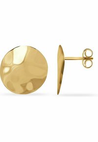 Runda örhängen i guldtonat metall med en slät, polerad yta. Har en stift- och fjädrande baksideslutning. Enkel och minimalistisk design.