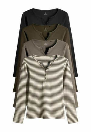 Four long-sleeve shirts: black, olive, khaki, and striped. Each features a round neckline with button details and ribbed texture.