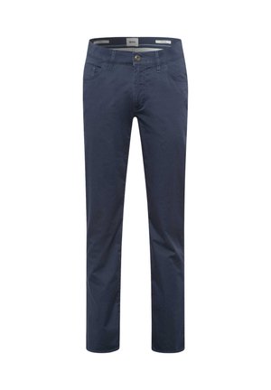 Herren-Chinohose in Navyblau mit vorderem Knopf, Gürtelschlaufen und Seitentaschen, auf weißem Hintergrund präsentiert.