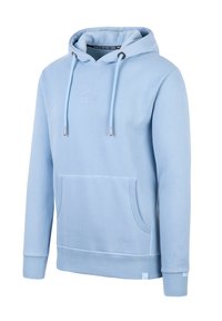 Sudadera con capucha de color azul claro, con un bolsillo en el frente, puños y dobladillo acanalados, capucha con cordón y logo en relieve en el pecho. Textura de tela suave.