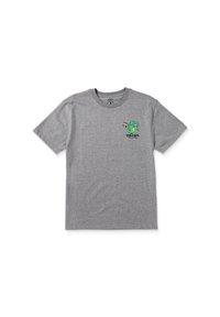 Grijze t-shirt met korte mouwen van zachte stof, met een groene dinosaurusafbeelding en het 'Volcom'-logo op de linkerkant van de borst.