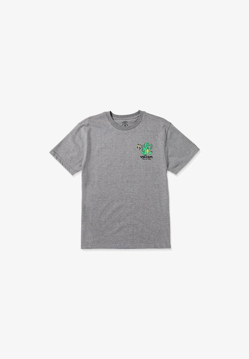 Gray short-sleeve t-shirt made of soft fabric, featuring a green dinosaur graphic and the "Volcom" logo on the left chest.