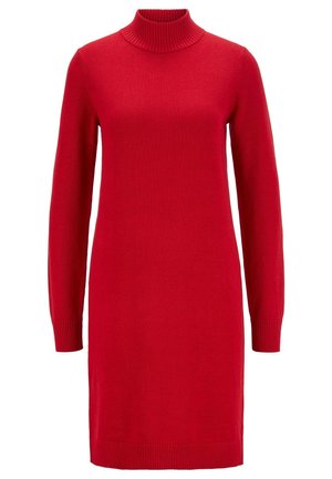 Vestido rojo de punto con mangas largas y largo hasta la rodilla, con cuello alto acanalado, puños y dobladillo, presentado sobre un fondo blanco.