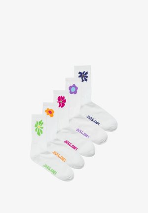 Witte katoenen crew sokken met kleurrijke bloemontwerpen. Elke sok heeft een uniek bloemenpatroon in roze, paars, oranje, groen en blauw.