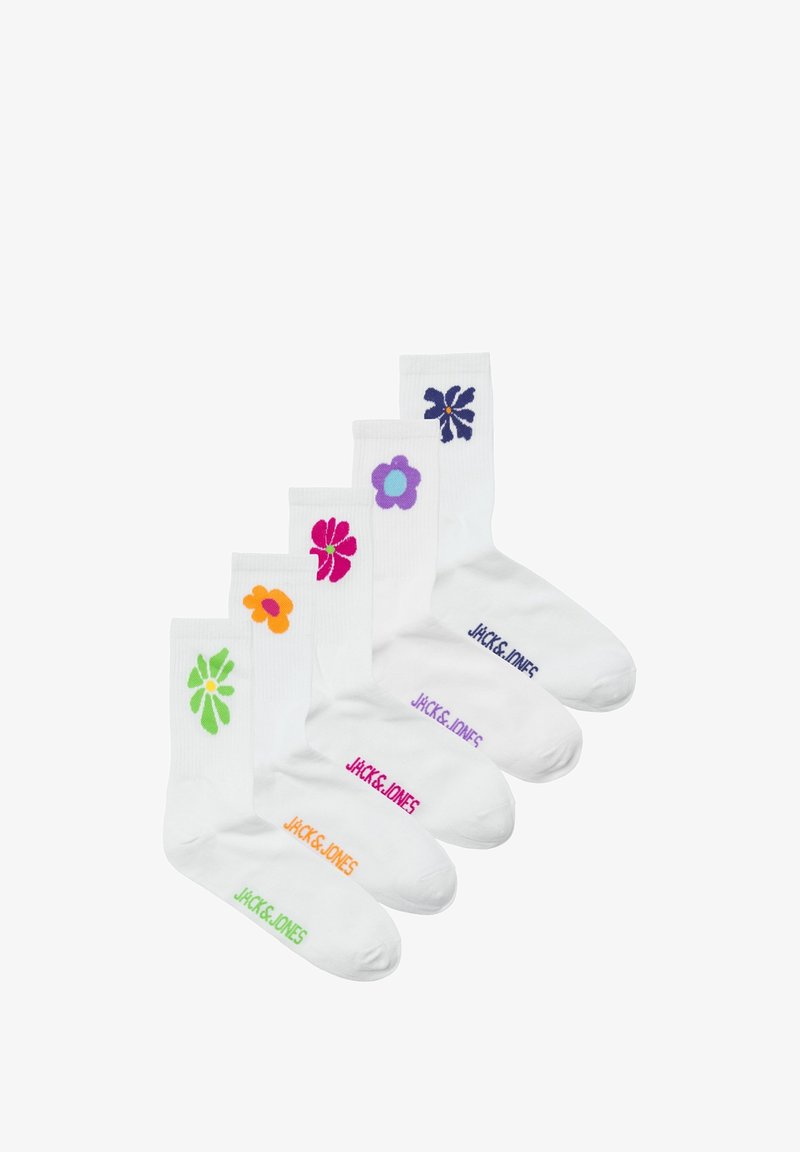 Chaussettes blanches en coton avec des motifs floraux colorés. Chaque chaussette présente un motif de fleur distinct en rose, violet, orange, vert et bleu.