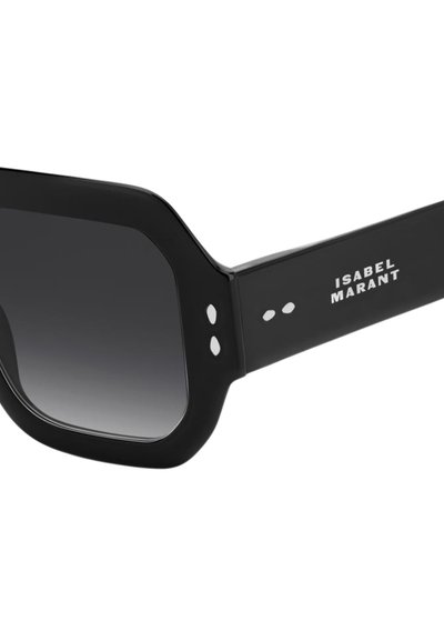 Occhiali da sole rettangolari neri con lenti scure sfumate e logo "Isabel Marant" sull'asta laterale.