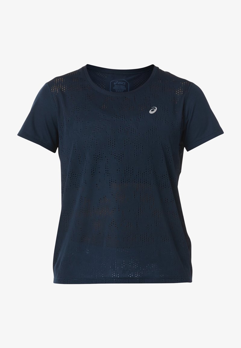 T-shirt sportif noir à manches courtes avec petits motifs perforés et un logo blanc sur le côté gauche de la poitrine.