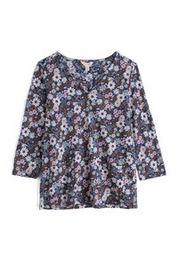 Blå långärmad blus med V-hals, med ett tätt blommönster i vitt, rosa och bruna toner.