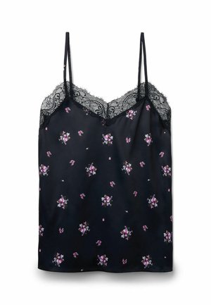 Camisole en satin noir avec fines bretelles, bordure en dentelle le long du décolleté et petits imprimés floraux roses et blancs dispersés.