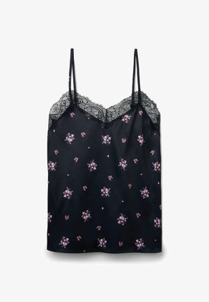 Zwarte satijnen camisole met dunne bandjes, kanten rand langs de halslijn en verspreide kleine roze en witte bloemenprints.